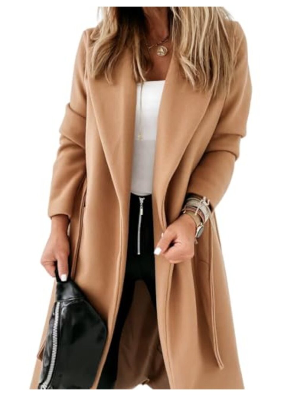 Women's Classic Pea Coat Lapel Open Front Belted Long Jacket